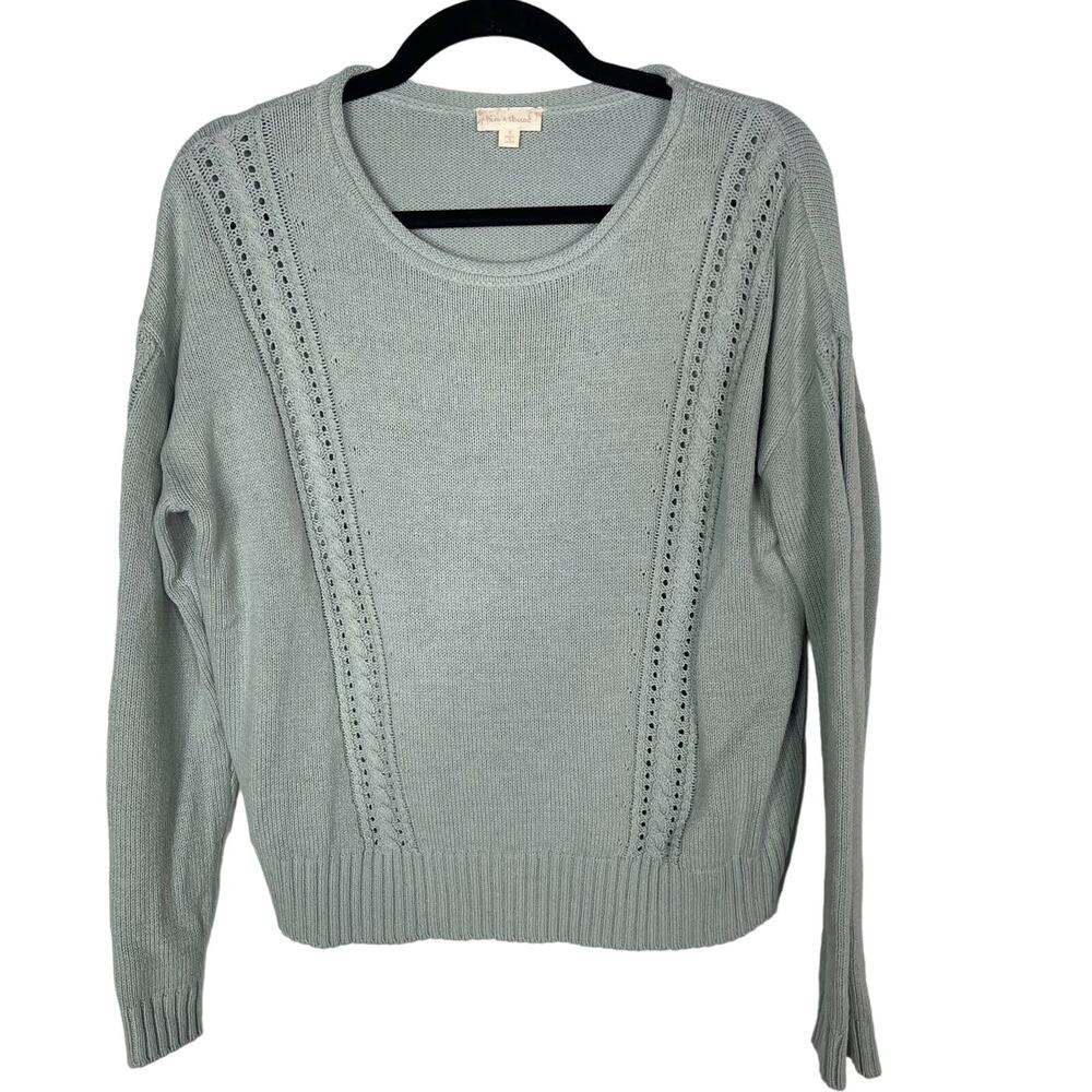 Hem & Thread S Seafoam Green Crew Neck Knit Sweater Cotton Blend Textured Stitch